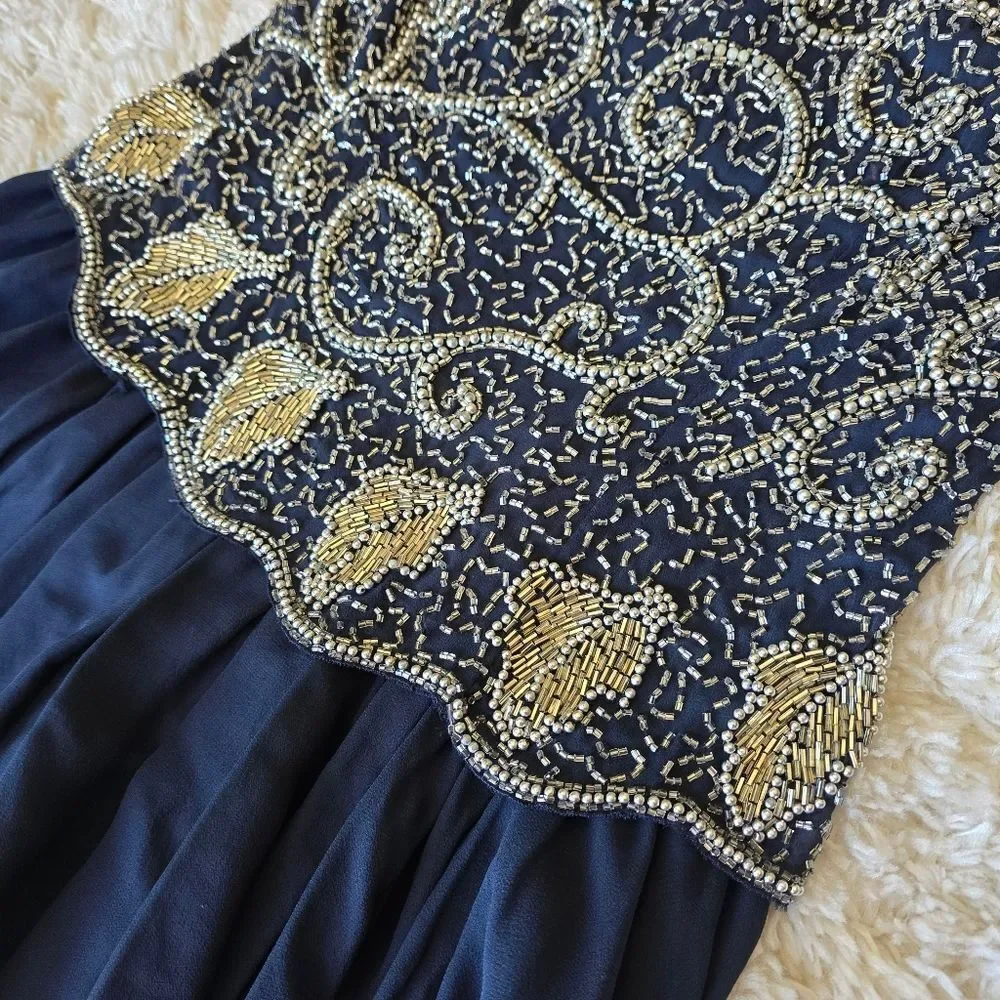 BLACK TIE OLEG CASSINI Elegant Navy Blue Beaded Dress 100% Silk Size 6 Glam Prom